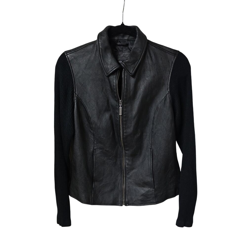 Jaclyn Smith Black Vintage Leather Jacket Knit Sleeves Womens Size Small